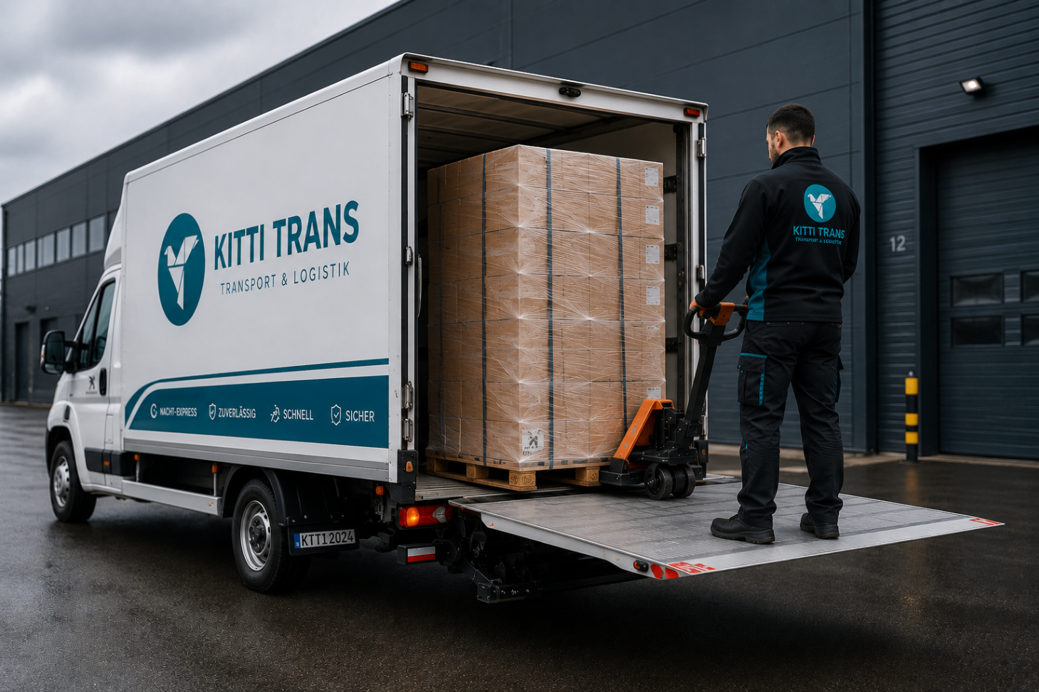 Kitti Trans Fahrer bedient eine Hebebühne mit palettierter Fracht.