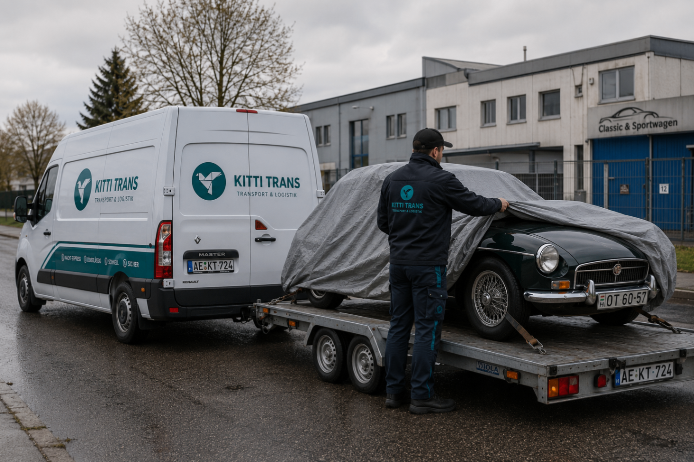 Klassischer Oldtimer wird auf einem Trailer von Kitti Trans abgedeckt und vorbereitet.