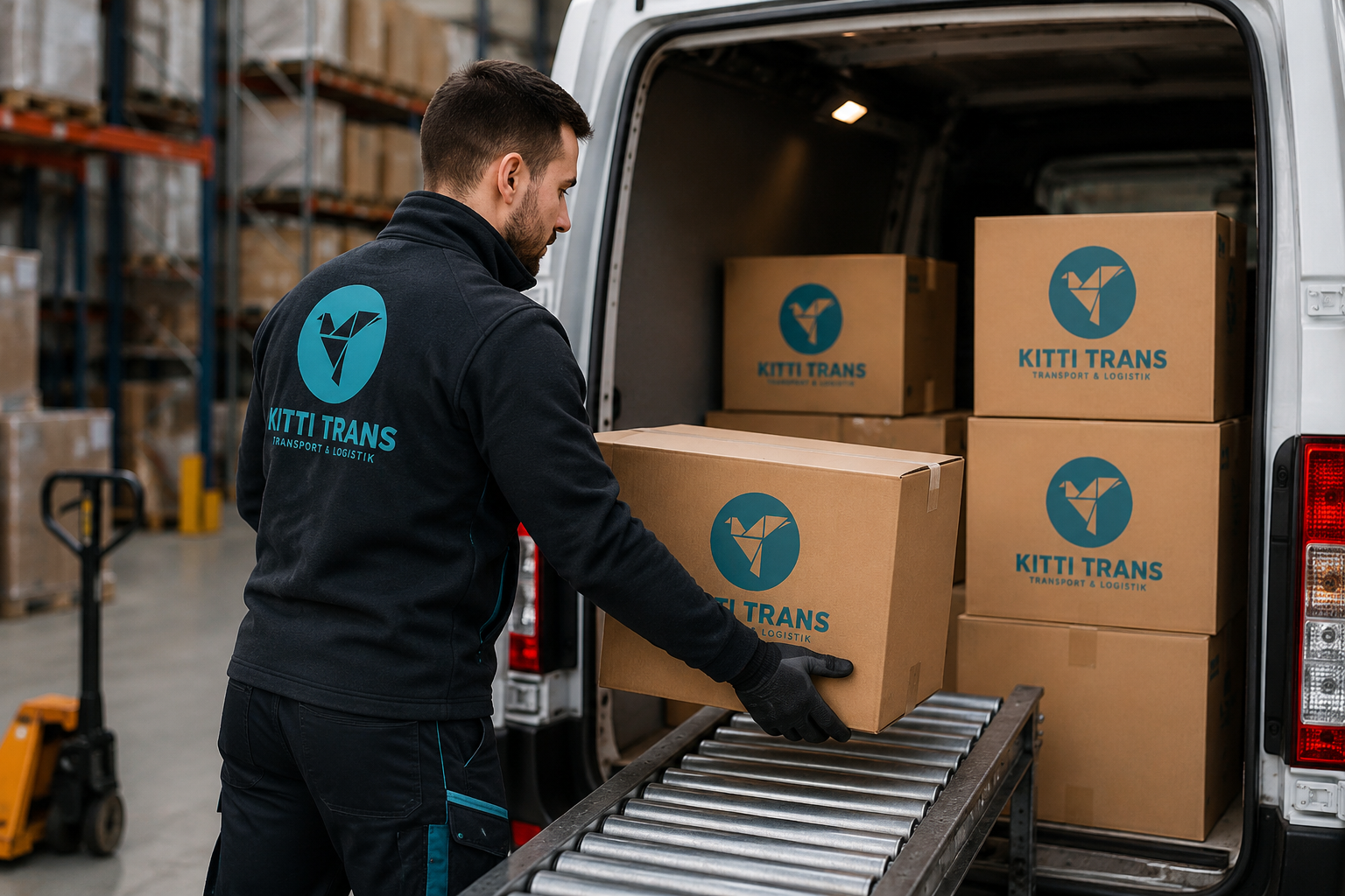 Kitti Trans Fahrer lädt Automotive-Teile am Transporter für Werkstattzustellung.