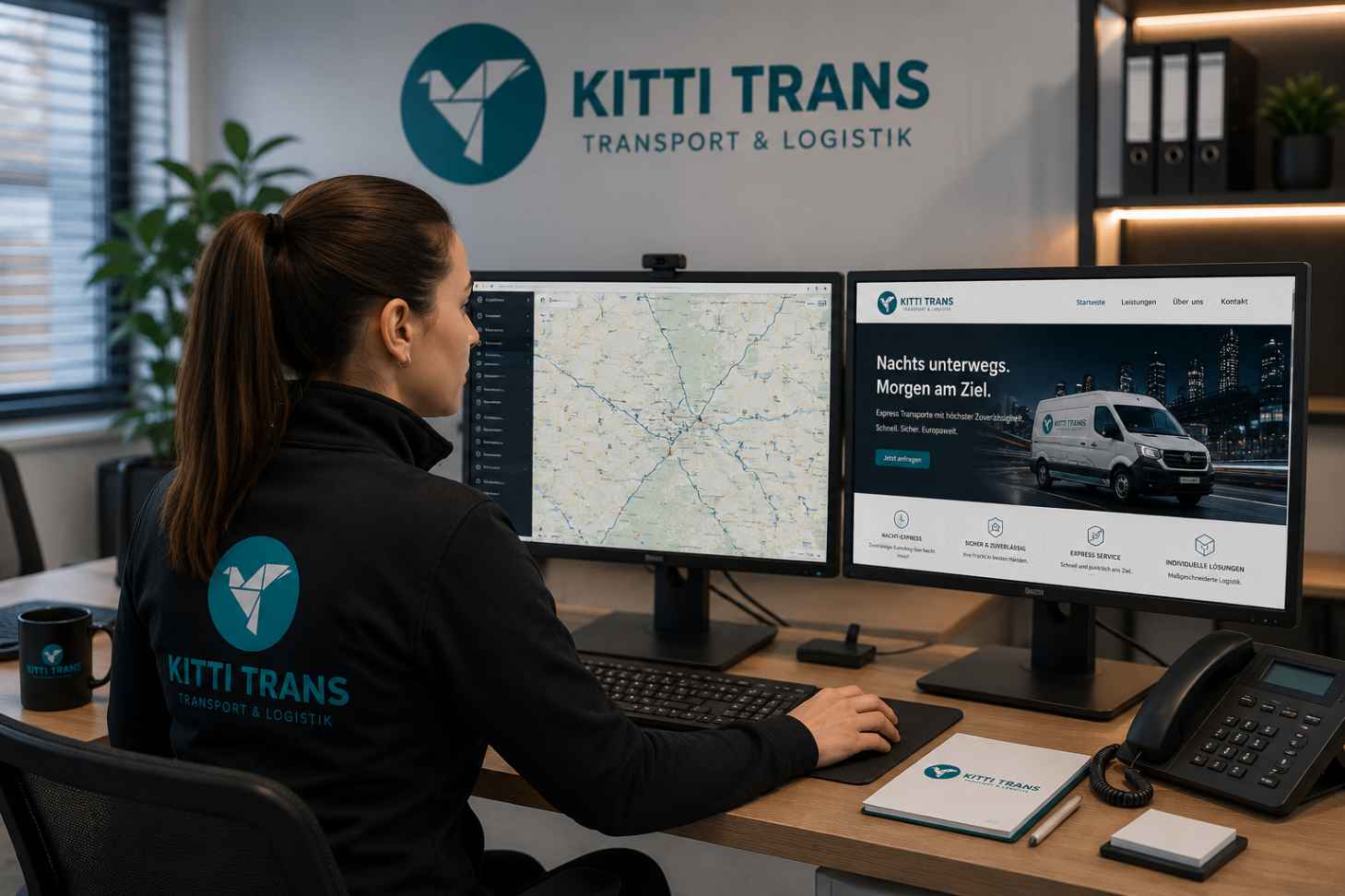 Dispatcherin von Kitti Trans arbeitet in einem modernen Logistikbüro an mehreren Monitoren.