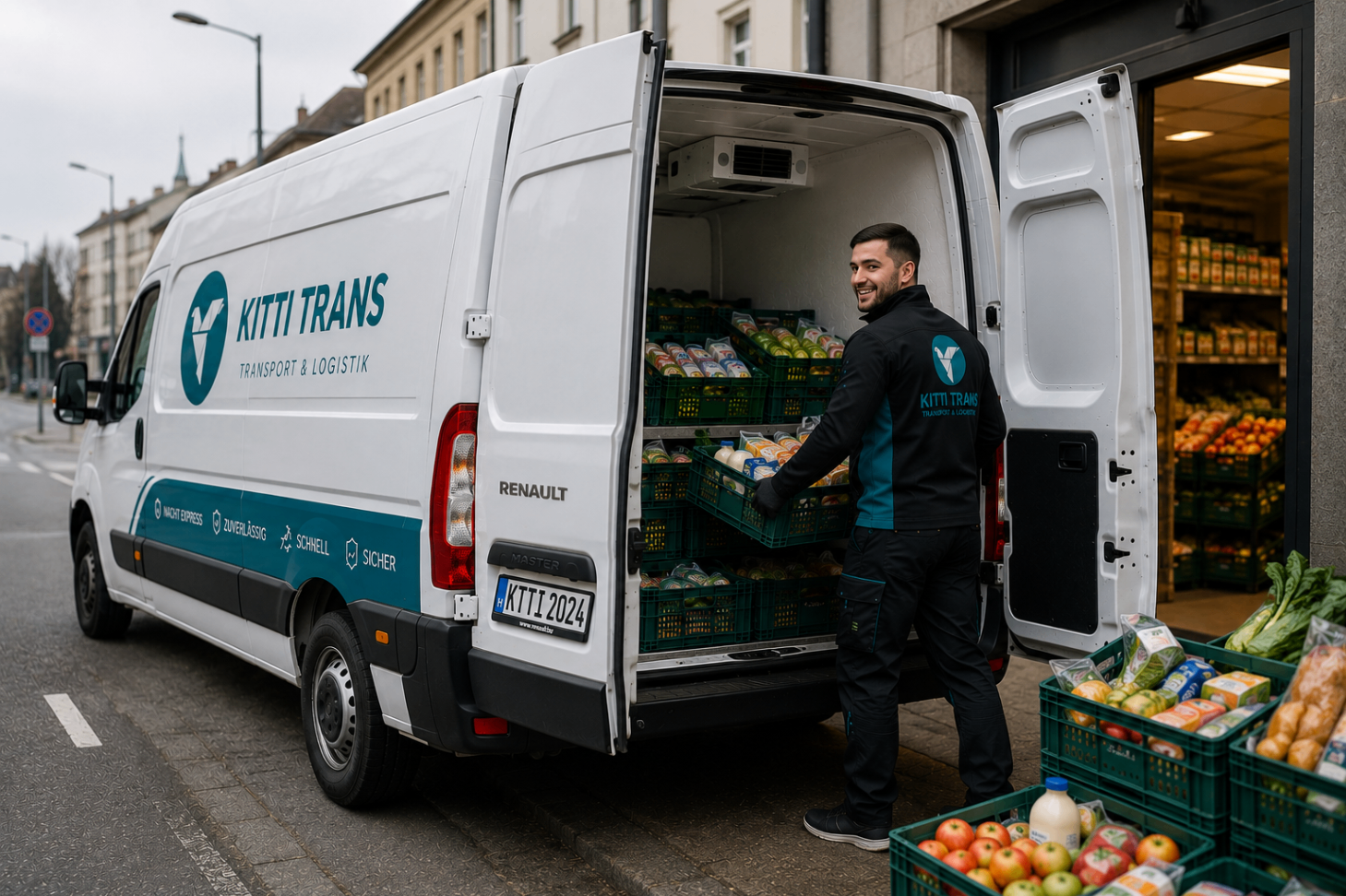 Kühltransporter von Kitti Trans mit frischen Lebensmitteln vor einem Geschäft.