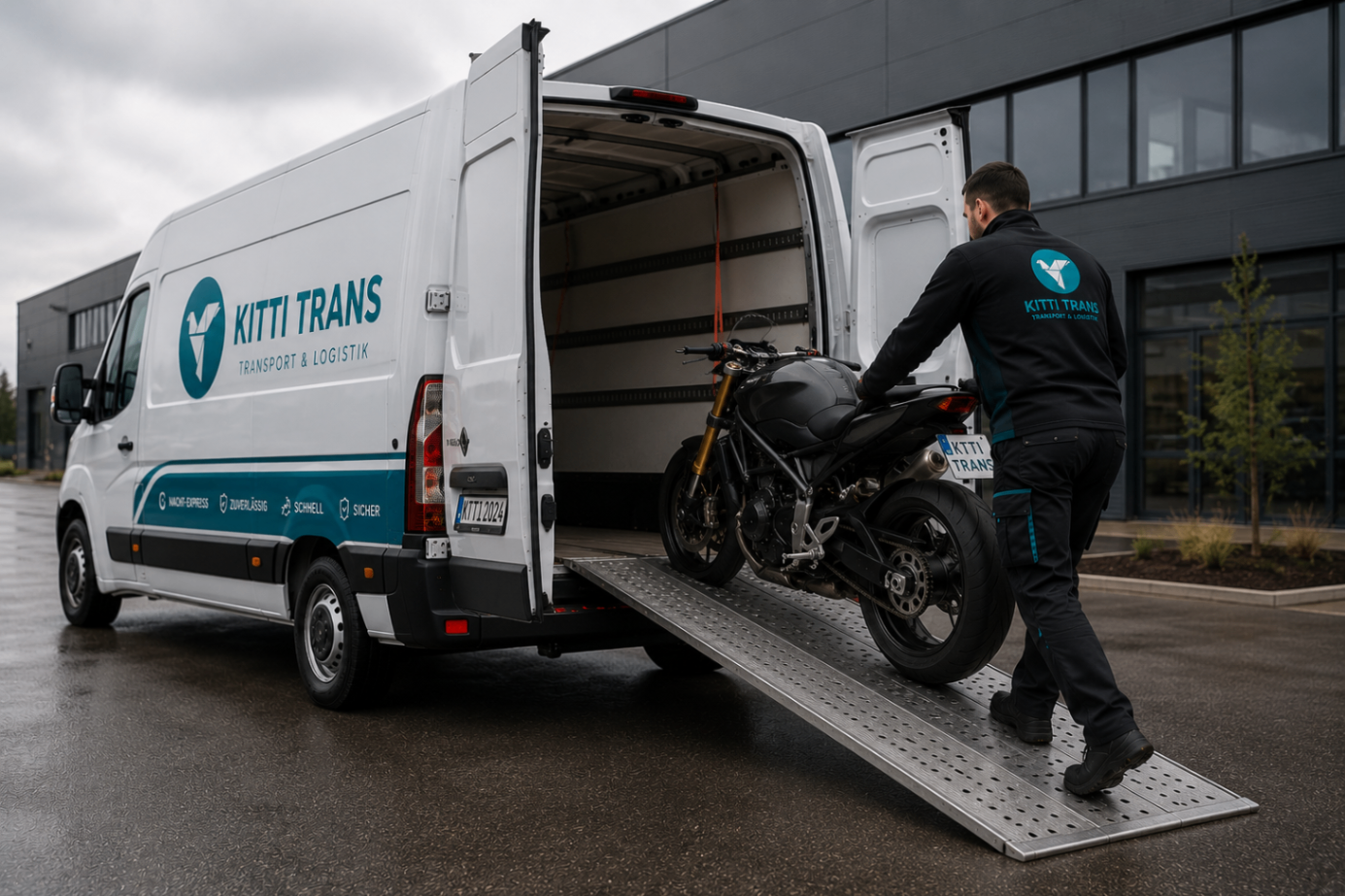 Motorrad wird über eine Rampe in einen Kitti Trans Renault Master geladen.