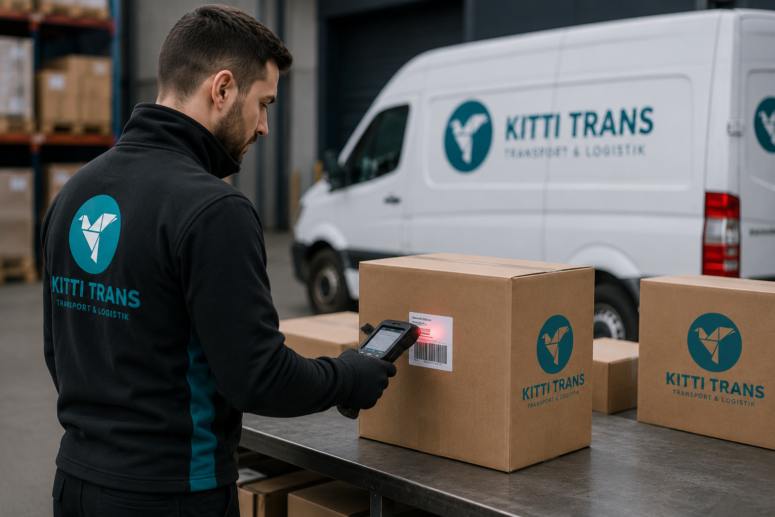 Kitti Trans Fahrer scannt ein Paket vor dem Verladen.