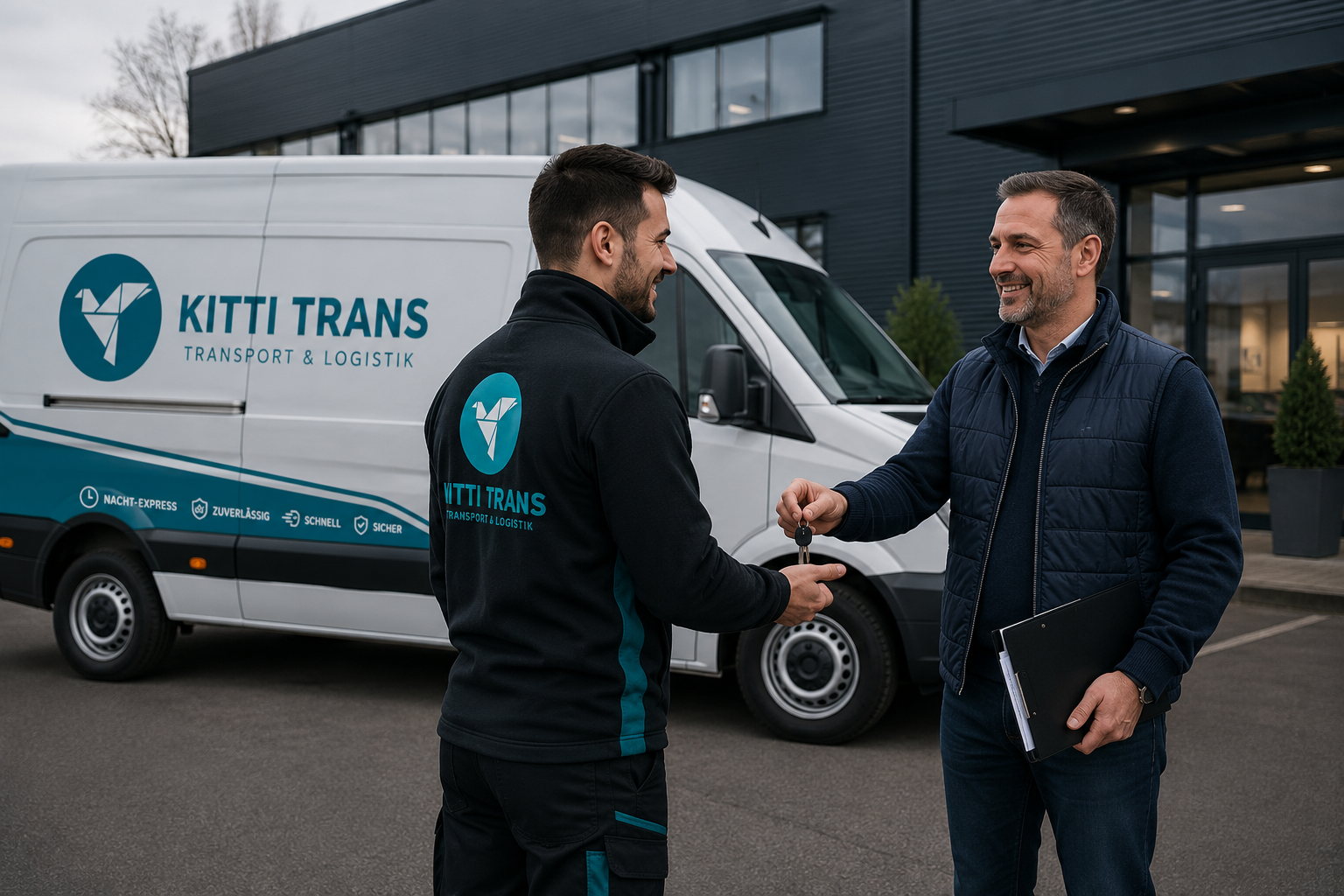 Geschäftskunde übergibt einem Kitti Trans Fahrer einen Schlüssel vor dem Transportfahrzeug.