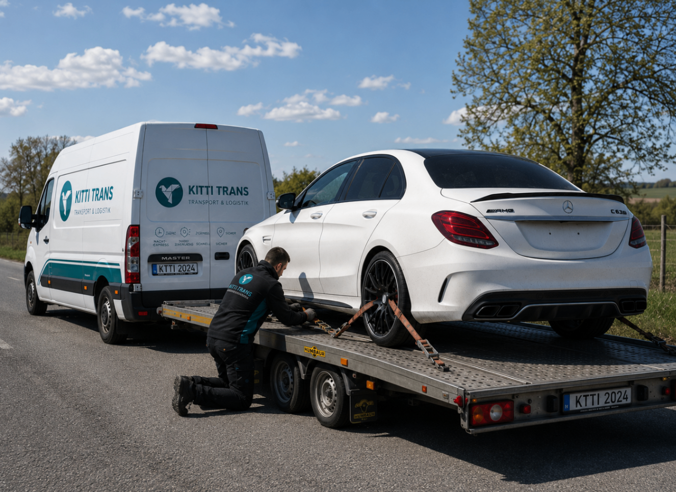 Luxusfahrzeug professionell gesichert auf einem Trailer hinter einem Kitti Trans Fahrzeug.