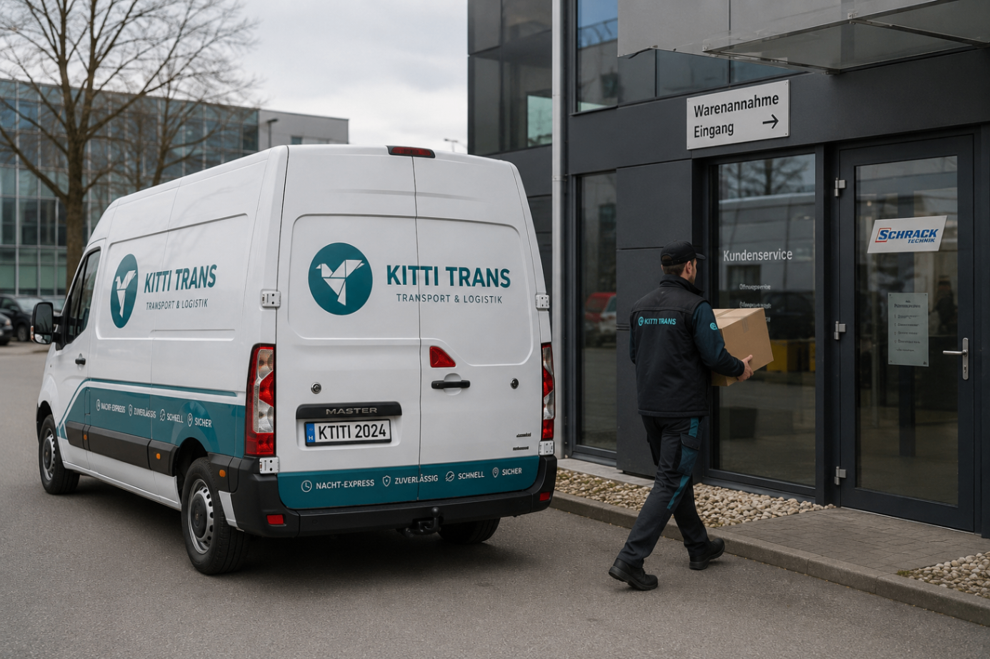 Kitti Trans Fahrer liefert ein Paket an einen Wareneingang eines Geschäftskunden.